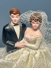 Vintage Wedding Cake Topper Bride Groom Brunette Blue Eyes 1950-60 Rare Lace