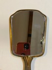 Vintage Metal Vanity Hand Held Mirror Gold Tone Pink Back W  Floral Design