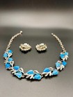 1950s 1960s Vintage Mid Century Retro Necklace Earring Set Blue Silver Tone