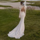 High Neck Lace Mermaid Wedding Dresses Long Sleeve Backless Buttons Bridal Gowns
