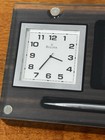 Bulova Desk Clock Thermometer And Card Holder   Pen Tempered Glass Cover Vtg