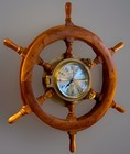 Vtg Wood Ship    Wheel With Solid Brass Porthole Ship   s Time Quartz Clock  24 