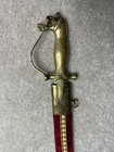 Vntg Talwar Style Etched Blade Sword W red Velvet Sheath   Brass Lion Head Hilt