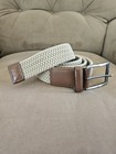 Men s Beige brown Braided Woven Belt Leather Trim Silver Buckle Adjustable Y5d