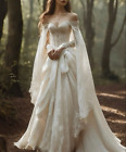 Vintage Off The Shoulder Wedding Dresses With Cape Lace Appliques Bridal Gowns