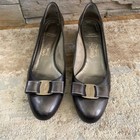 Salvatore Ferragamo Vara Pumps Heels Slip On Metallic Pewter Gray Bow Logo  9b
