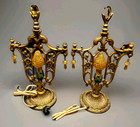 Antique Art Nouveau Deco Gilt Boudoir Mantle Lamp Set