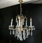 Vintage French Brass And Crystal Chandelier Light Ceiling 5 Light 5 Arms    20 in