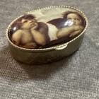 Vintage Pill Trinket Box Cherub Angel Motif Gold Tone Trim Scrollwork