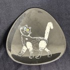 Black Ceramic Triangle Shaped Etched Cat Plate-signed On Bottom 6 5   