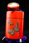 Signed Makie Inro Butterfly On Red Urushi Lacquer Japanese Antique Vintage