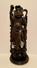 Large Antique Chinese Hand Carved Hard Wood   Metal Inlay Figure statue 18 5 