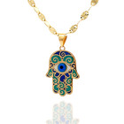 14k Solid Gold Pendant Necklace Handpainted Nautical Wave Evil Eye In Hamsa Hand