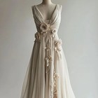 Classic V-neck Prom Dress 3d Flowers Appliques Floor Length Cocktail Prom Gown