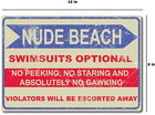 Nude Beach Swimsuits Optional Retro Vintage Funny Gift Metal Tin Sign 12  X 8 