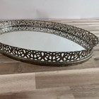Vintage Oval Mirrored Vanity Tray 16  Silver Tone Filigree Hollywood Regency