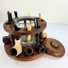 Vtg Walnut Wood 9 Pipe Stand Holder Glass Tobacco Humidor  9 Pipes Filtrex  Read