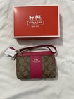 Coach Double Corner Zip Wristlet Khaki Pink Ruby F52853
