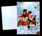 Christmas Puppy Dogs Tree Bird Snowing - Glittered - Greeting Card W  Tracking