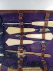 Antique  Art Deco Celluloid Bakelite Plastic Vanity Set Leather Case As Is