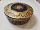 Vintage Round Tin Lid Box Black Gold Floral Container Storage Floral Pattern 