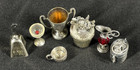 7 Miniature Sterling Silver Plate Objects Martini Glass Pot Flowers Loving Cup