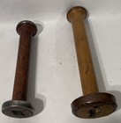2 Vintage Wooden Textile Mill Bobbin Spools Metal Ends 19c Industrial Thread