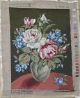 Vintage Bouquet Roses Flowers In Vase Wool Completed Needlepoint Germany