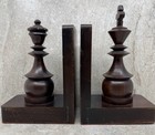 Vintage Mid-century Mahogany Chess Piece Bookends     King   Queen Pair Rare Htf