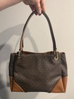 Michael Kors Mk Logo Medium Tote Shoulder Bag Brown tan Trim Zip  Gold Hw