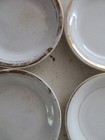 4 Vintage White Porcelain Ironstone Butter Pats Crazed Stained  Worn Gold Rims