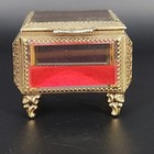 Vtg Square Gold Tone Ormolu Beveled Glass Casket Jewelry Box Footed 3 5 w X 3 t