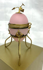 Antique Palais Royal Style Pink Opaline Glass Egg Casket Brass Trinket Box
