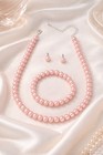 Elegant Pink Faux Pearl Beaded Jewelry Set Necklace Bracelet Stud Earrings   