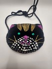 Vintage Hand Beaded Cat Face Mini Purse Velvet-like Sequin Kitty Coin Bag