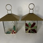 Set Of Stained Glass Poinsettia Votive Tea Light Candle Holder Mirror Base