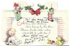 Vtg Christmas Greeting Card 4x5 5 Santa Stocking Kitten Puppy Baby s 1st Gifts