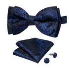 Navy Paisley Mens Bowtie Pretied Bow Ties Hankie Cufflinks Set Wedding Event