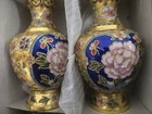 Pair Of Asian Chinese Cloisonne Enamel Metal Floral Vases With Box