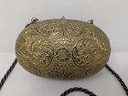 Vintage Art Deco Brass Purse Clutch Brown Velvet Lining Rope Strap Ornate Flower