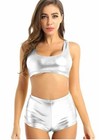 Silver Metallic 2 Pcs Dance Fitness Crop Top-hot Pants Size L Racer Back Shiny