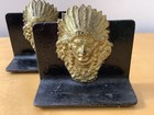 Vintage Native American Indian Chief Head Bookends Cast Iron Metal Black   Gold 