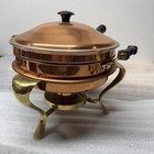 Vintage Copper   Brass Chafing Dish With Wood Handles And Stand     Classic Warmer