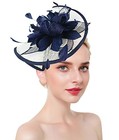 Z x Sinamay Hat Floral Feather Pillbox 006a Navy Blue And White Fascinator