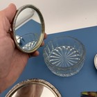 Vintage Silver Tone Ornate Vanity Set Mirror Brush Comb   Glass Powder Jar 5 Pc