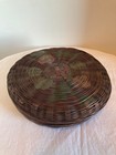 Vintage Chinese Wicker Round Sewing Basket Hand Painted Silk Lining 8  Diameter
