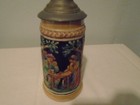German Lidded Beer Stein Couple At Table - Lid Bent