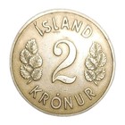 1946 Iceland 2 Kronur Kronor Coin One Year Type Km 13