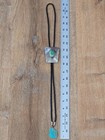 Vintage Southwestern Sterling Silver Turquoise Bolo Tie Engraved Trapezoid Plaqu