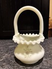 Fenton Uranium Custard Satin Ruffled Basket Hand Painted   Signed